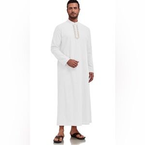 Men's White Long Thobe with Embroidered Placket